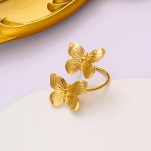 Stainless Steel Double Butterfly Open Ring Gold Plated Adjustable Mori Style Intertwined Animal Finger Ring For Women Jewelry