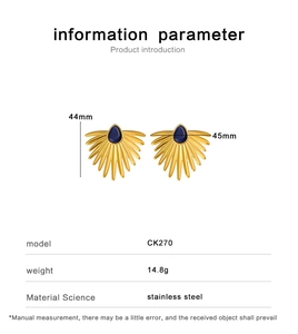 Detailed specs of fan-shaped drop turquoise earrings in gold-plated stainless steel