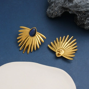 Retro 18K gold plated fan shaped stud earrings with blue waterdrop gemstone inlay