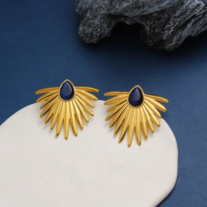 Vintage 18K gold plated fan shaped stud earrings with blue teardrop gemstone center