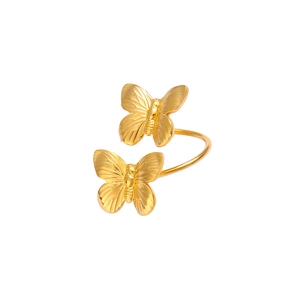 Golden 18K stainless steel adjustable ring with double butterfly brushed metal design