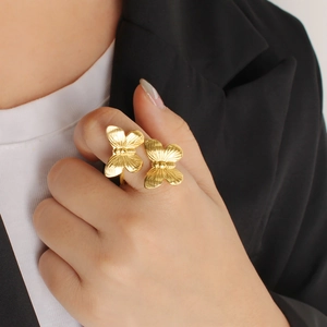 Elegant 18K gold-plated double butterfly open ring with textured wings for women