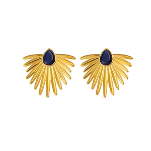 Vintage 18K gold plated fan shaped drop earrings with blue turquoise inlay for women