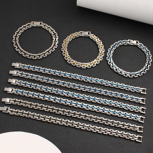 Bracelets à chaîne hip hop en acier inoxydable argent, or et bleu sur fond cuir