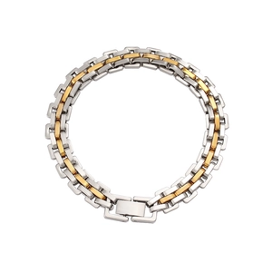 Vue détaillée d'un bracelet en acier inoxydable à trois rangs bicolore argent et doré