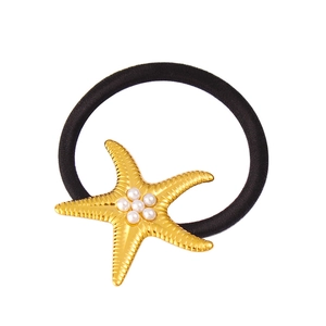 Élastique à cheveux en acier titane avec étoile de mer, perles blanches et cordon noir