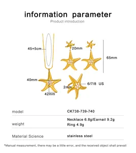 Specifiche dettagliate del set con collana, orecchini e anello a stella marina dorata