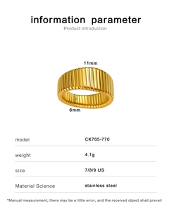 Technical view of 11mm wide golden stainless steel spiral pleated ring with measurements