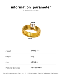 Detailed specs of the 18K gold plated stainless steel ring with square zircon stone