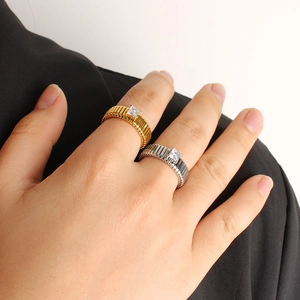 Modern 18K gold and silver plated stainless steel rings with square zircon in watchband style