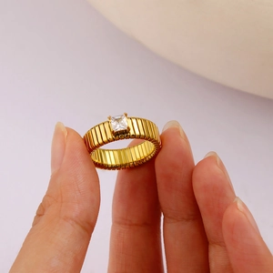 18K gold plated stainless steel ring with square zircon and ribbed texture band