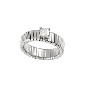 Macro view of silver square cut zircon ring with distinctive textured vertical grooved band
