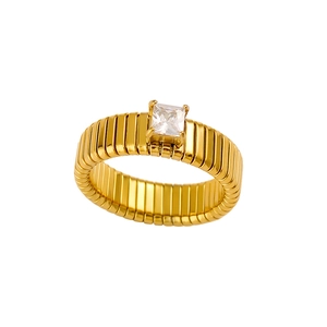 Luxury 18K gold plated zircon ring featuring a unique vertical ribbed tubogas style design