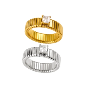 Polished 18K gold and silver stainless steel rings with square zirconia stones