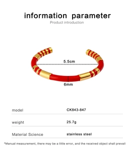 Detailed size specifications for red enamel bamboo-style C-shaped stainless steel bangle