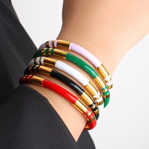 Colorful striped stainless steel open bangles set with gold enamel finish for men and women