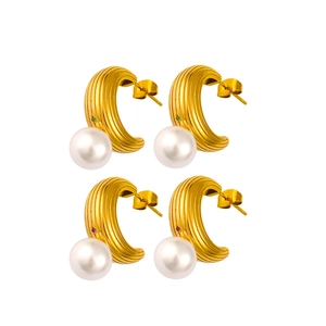 Chic C-shaped gold-plated textured hoop earrings with white pearls and zircon accents