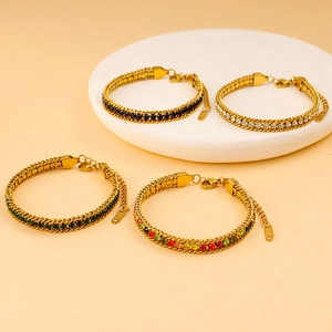 Bracelet élégant en acier inoxydable doré à double chaîne avec pierres de zircon colorées