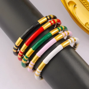 Set of five 18K gold plated stainless steel bamboo enamel C-shape open bangles