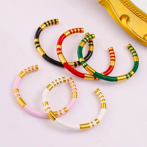Vintage 18K gold plated stainless steel bamboo enamel C-shaped open bangle set