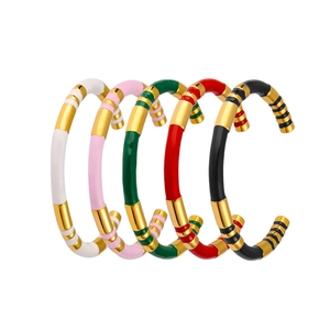Set of five colorful enamel striped stainless steel open bangles in gold finish