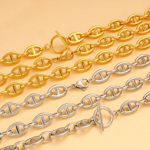 18K gold and silver pig nose chain jewelry set with toggle clasp in polished steel