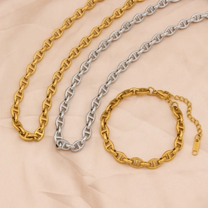 Hip hop style 18K gold and silver plated marina chain necklace and bracelet jewelry set