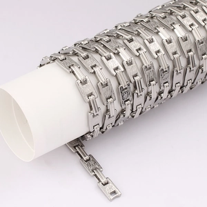 Macro detail of silver stainless steel chain with textured rectangular links