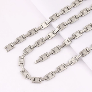 Polished silver stainless steel hip-hop chain with embossed textured rectangular links