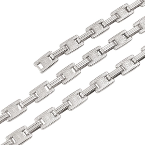 Polished stainless steel rectangle link chain with textured bark pattern finish