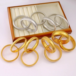Elastic stainless steel screw thread bangle bracelets in gold and silver finish