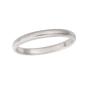 Macro shot of silver stainless steel Tubogas bracelet with a spiral textured finish