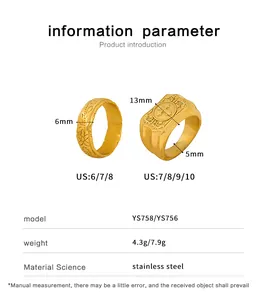 Detailed size chart for 18K gold-plated stainless steel rings with width and weight specs