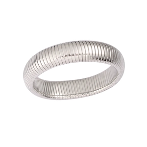 Minimalist silver Tubogas stretch ring with ribbed texture in polished stainless steel