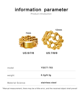 Detailed size guide for gold-plated stainless steel chain link rings showing 7mm and 12mm widths