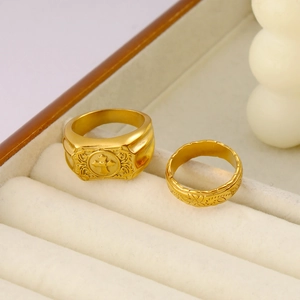 18K gold plated stainless steel ring set with cross and floral pattern in jewelry box