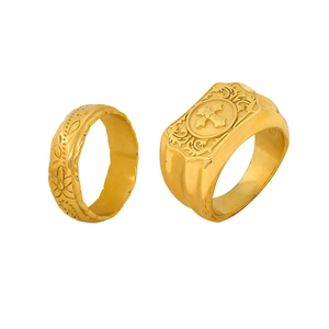 Retro 18K gold plated stainless steel rings featuring floral patterns and cross signet