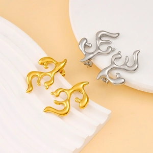 Abstract liquid metal style irregular letter E earrings in gold and silver finish
