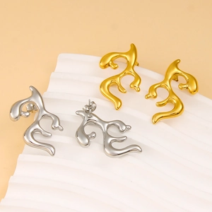 Irregular geometric wavy flame stud earrings in gold and silver stainless steel