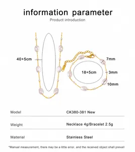 Vista detallada del conjunto de collar y pulsera de perlas con dimensiones y acero inoxidable