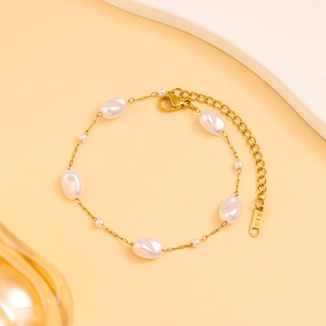 Elegante pulsera de cadena dorada vintage con perlas barrocas y etiqueta grabada K18