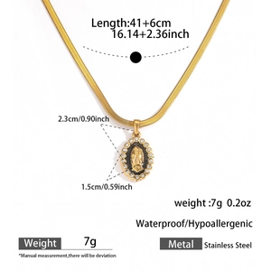 Detail of waterproof stainless steel Virgin Mary pendant necklace with zircon border