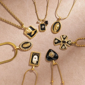 Vintage Stainless Steel Necklace For Women Gold Plated PVD Black Enamel Cross Virgin Mary Heart Hamsa Pendant Jewelry Gift