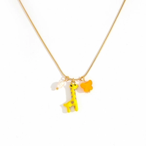 Golden necklace with giraffe pendant butterfly charm and faux pearl for girls