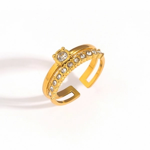 Vintage golden double-layer open ring with white zircon and pave crystals for women