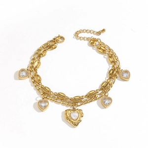 Bracelet double rang en acier inoxydable doré avec pendentifs cœur et maillons de chaîne