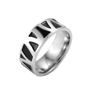 Polished stainless steel ring for men with black geometric giraffe pattern inlay