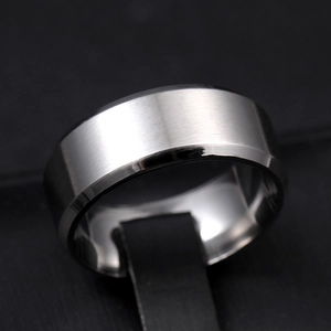 Macro shot of brushed silver stainless steel ring featuring dual beveled polished edges