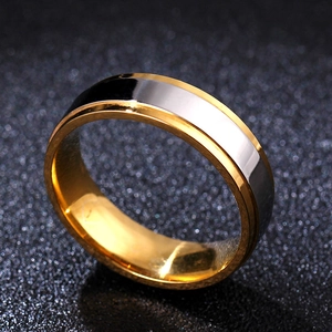 Macro view of two-tone gold and silver polished stainless steel ring with flat band detail