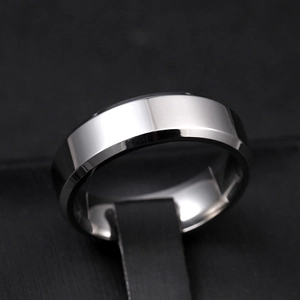 Polished silver 8mm beveled edge tungsten steel ring set in black textured slot